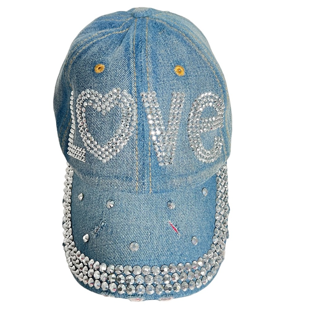 “LOVE” Denim Baseball Cap With Rhinestone Embellishments Adjustable Strap